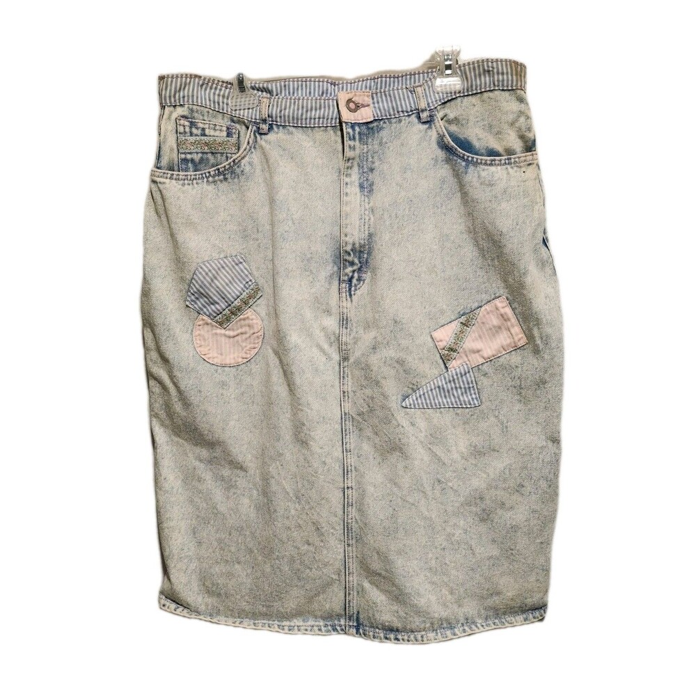 Vintage 80s Gitano Women Acid Wash 100% Cotton Denim Skirt W/Patches Size 22W